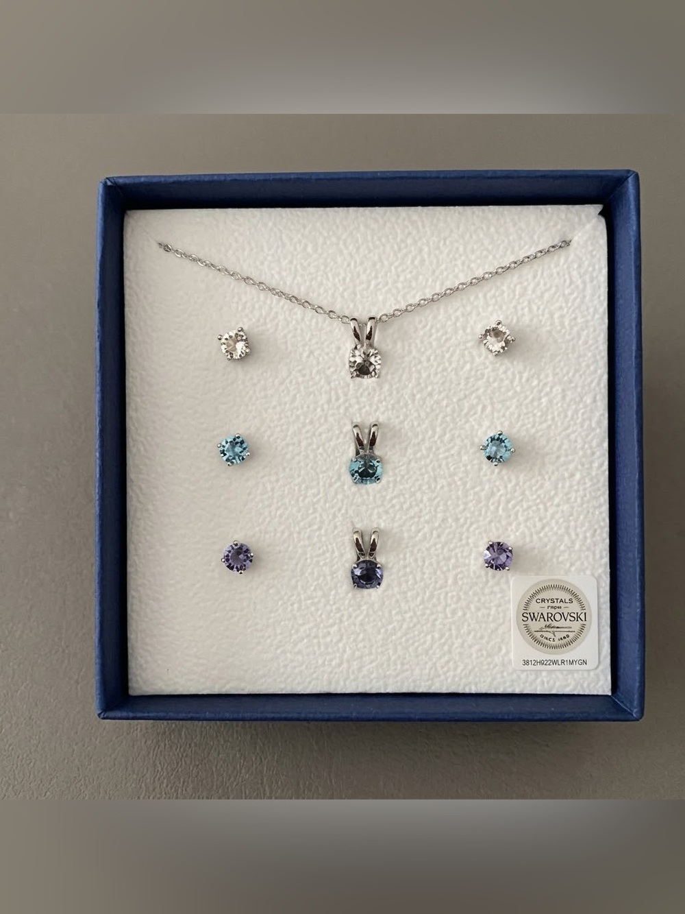 MSRP $100 - Swarovski Crystal Pendant and Earring Set - Blue, Purple, Clear